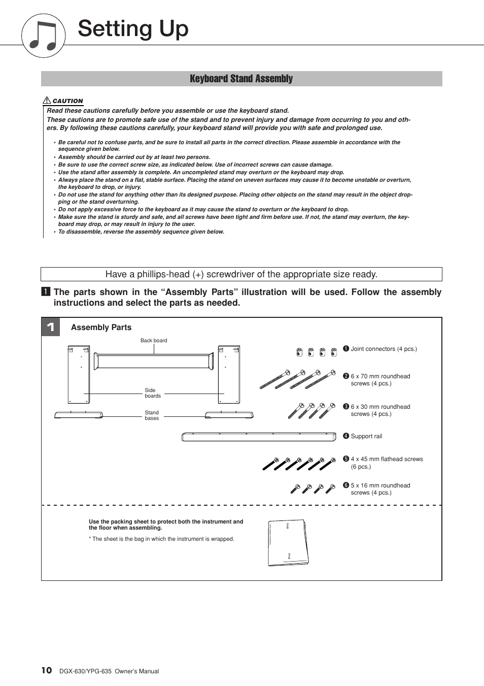 Setting up, Keyboard stand assembly | Yamaha YPG-635 User Manual | Page 10 / 154
