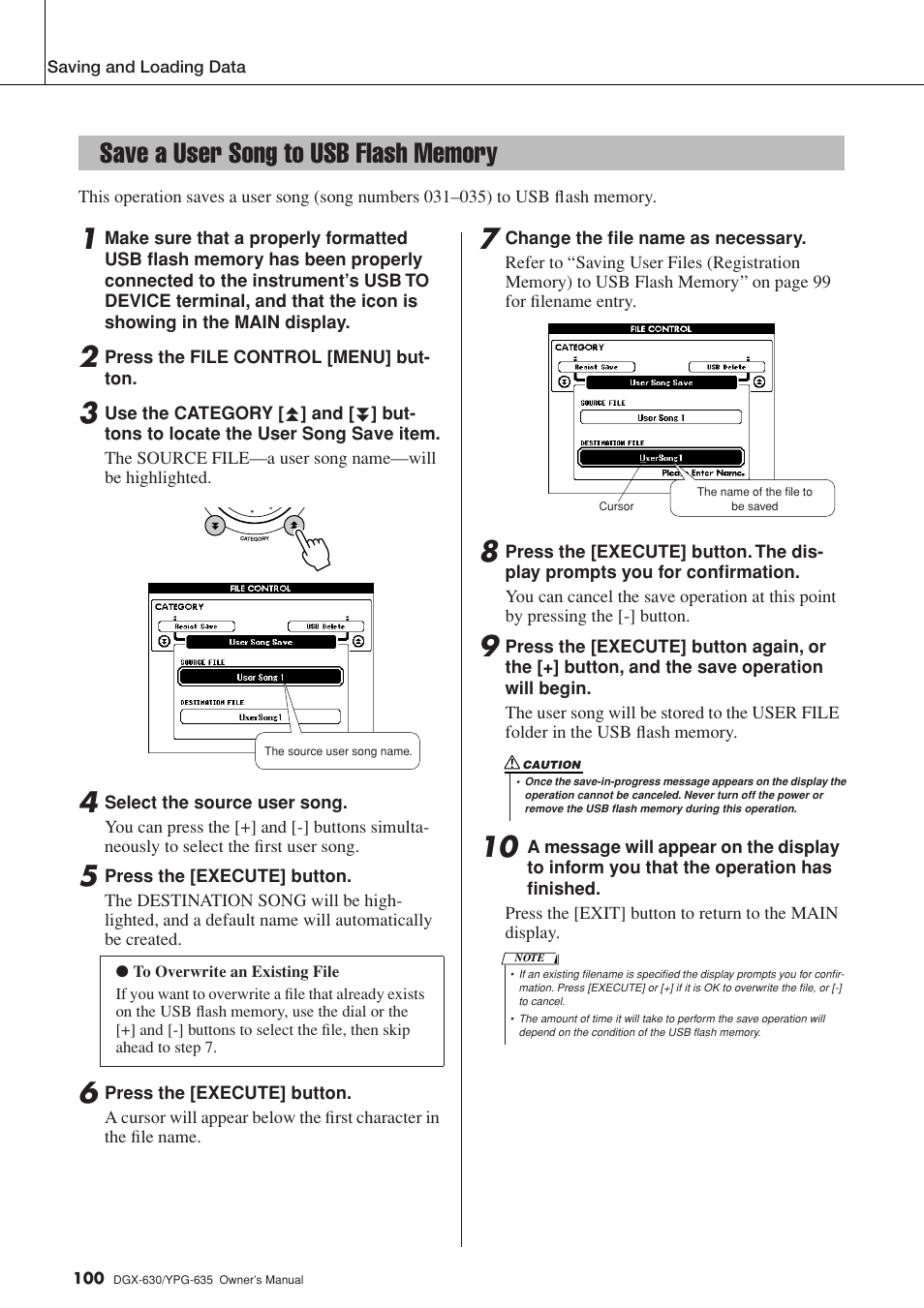 Save a user song to usb flash memory | Yamaha YPG-635 User Manual | Page 100 / 154