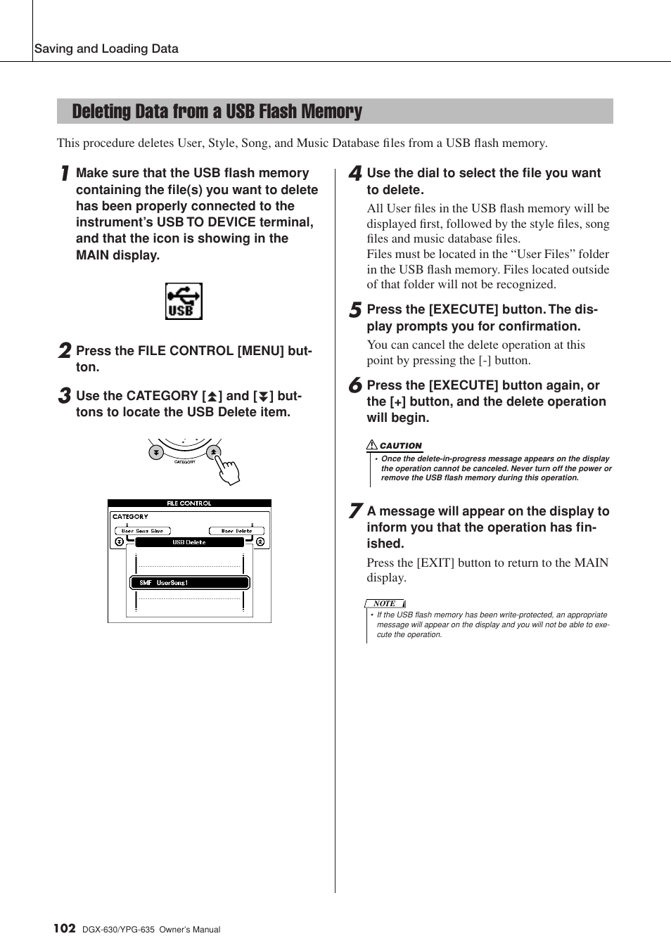 Deleting data from a usb flash memory | Yamaha YPG-635 User Manual | Page 102 / 154