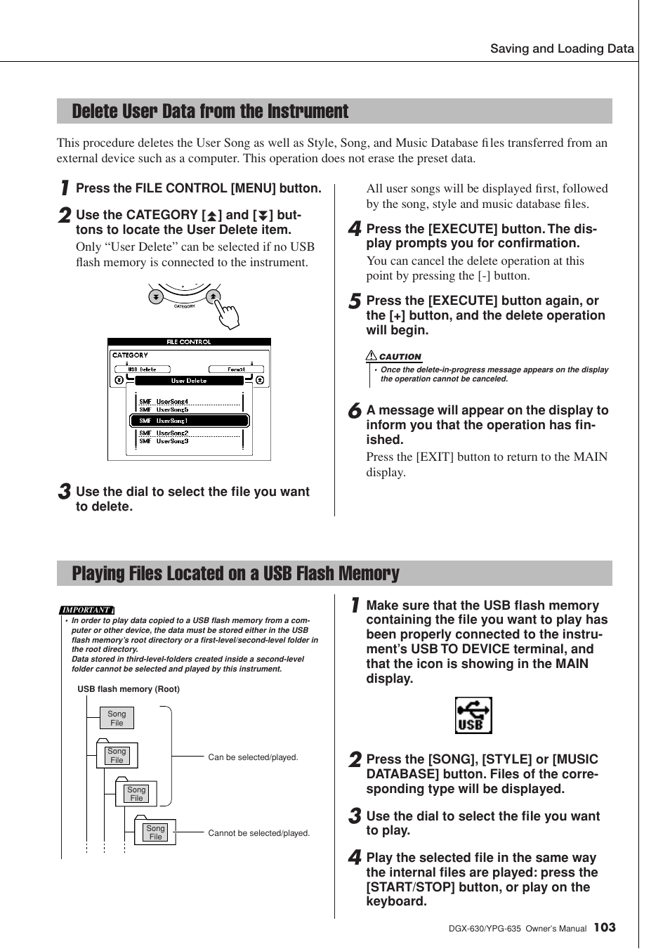 Delete user data from the instrument, Playing files located on a usb flash memory | Yamaha YPG-635 User Manual | Page 103 / 154