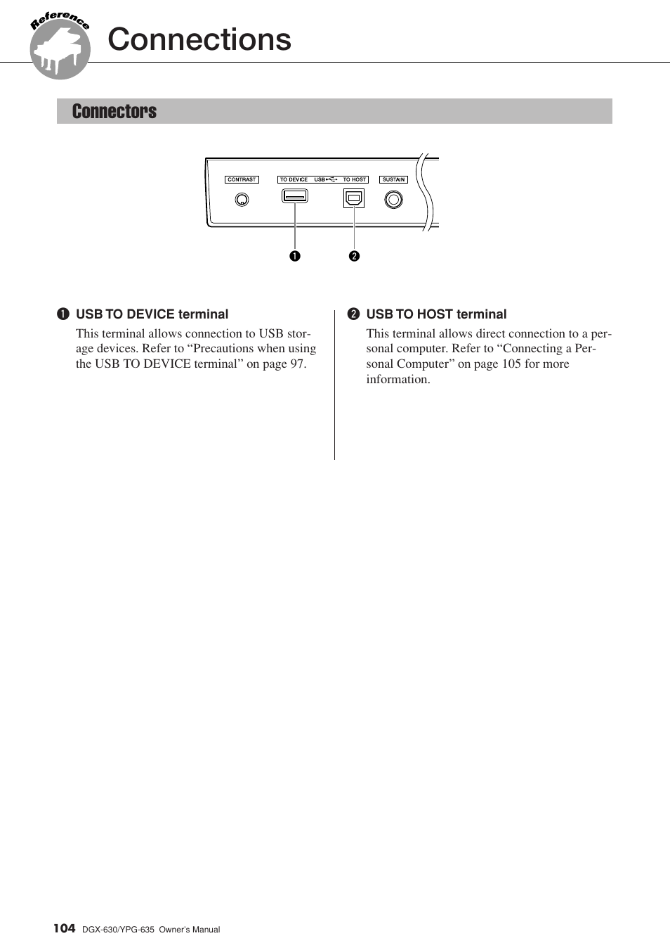 Connections, Connectors | Yamaha YPG-635 User Manual | Page 104 / 154