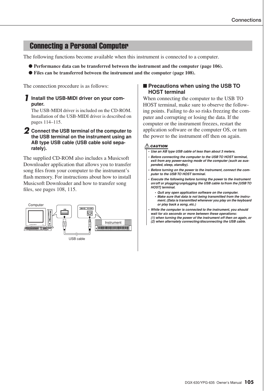 Connecting a personal computer | Yamaha YPG-635 User Manual | Page 105 / 154