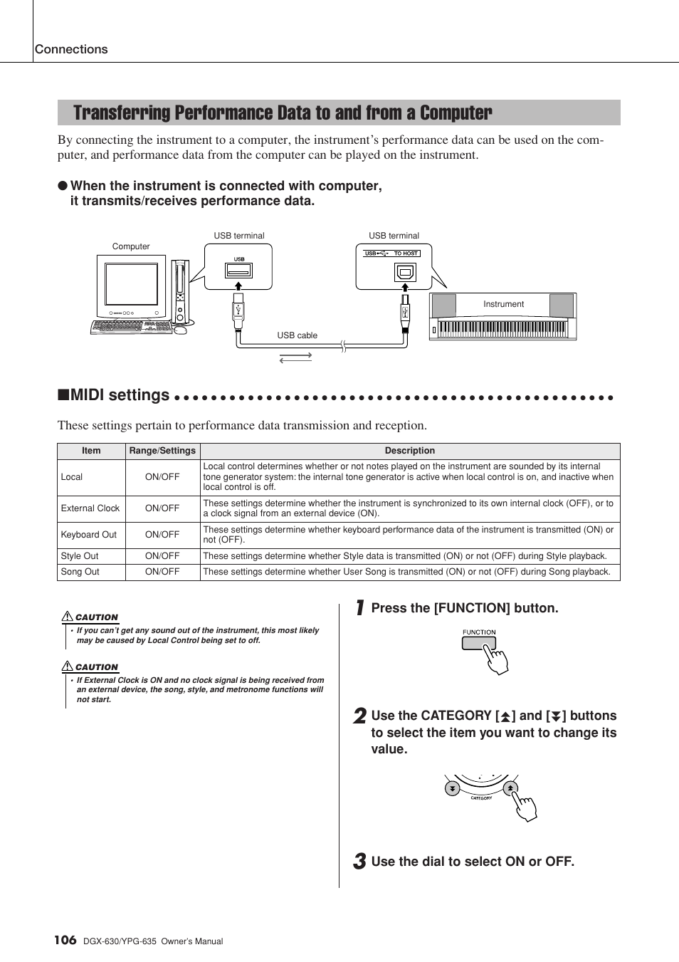 Midi settings | Yamaha YPG-635 User Manual | Page 106 / 154