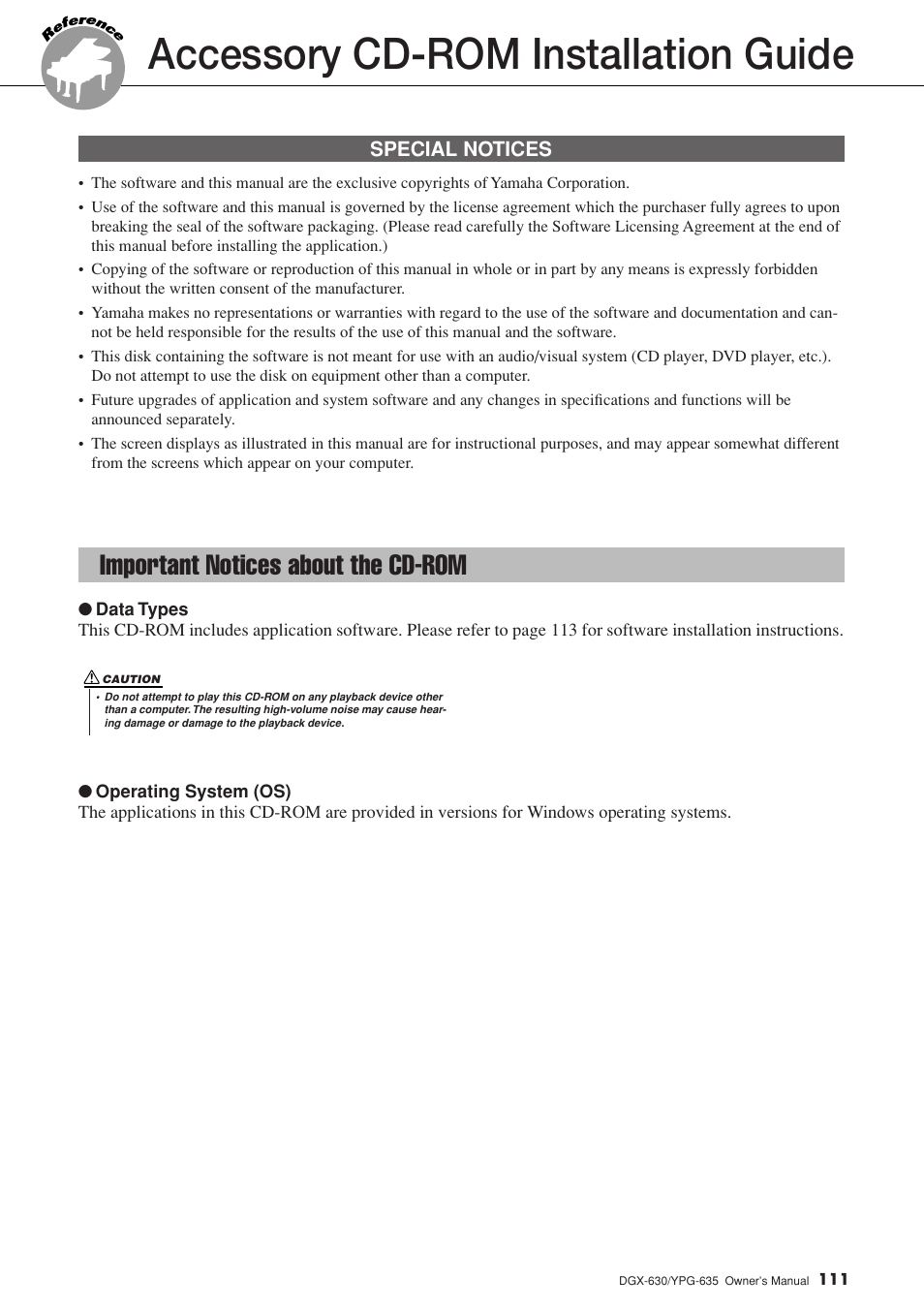 Accessory cd-rom installation guide, Important notices about the cd-rom | Yamaha YPG-635 User Manual | Page 111 / 154