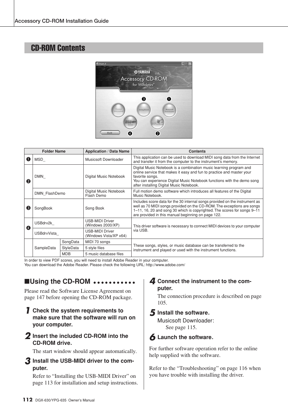 Cd-rom contents, Using the cd-rom | Yamaha YPG-635 User Manual | Page 112 / 154