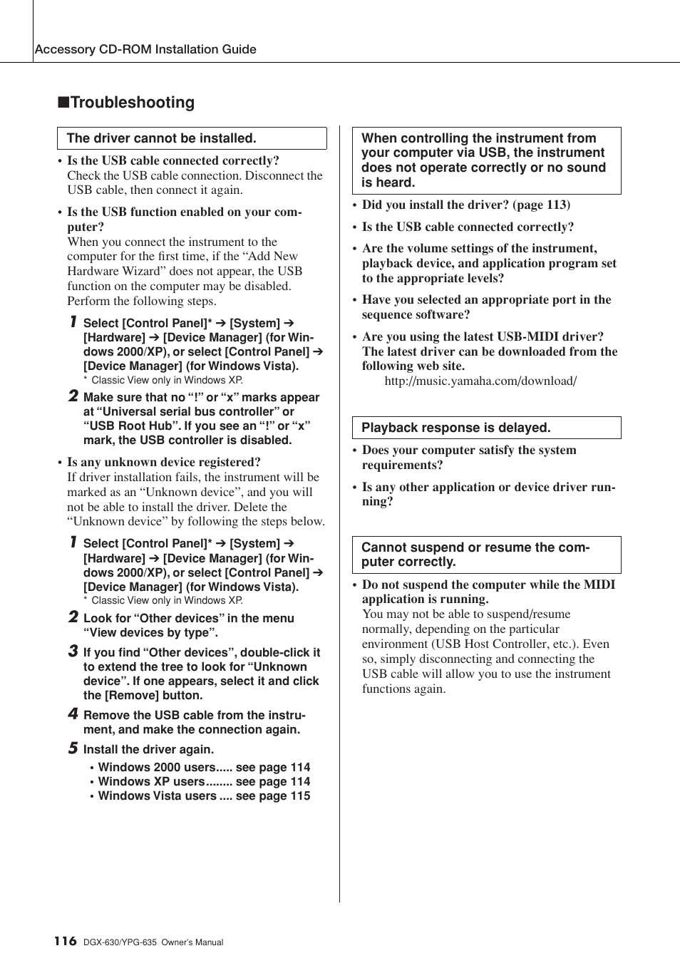 Otherwise, refer to “troubleshooting” in the, Troubleshooting | Yamaha YPG-635 User Manual | Page 116 / 154