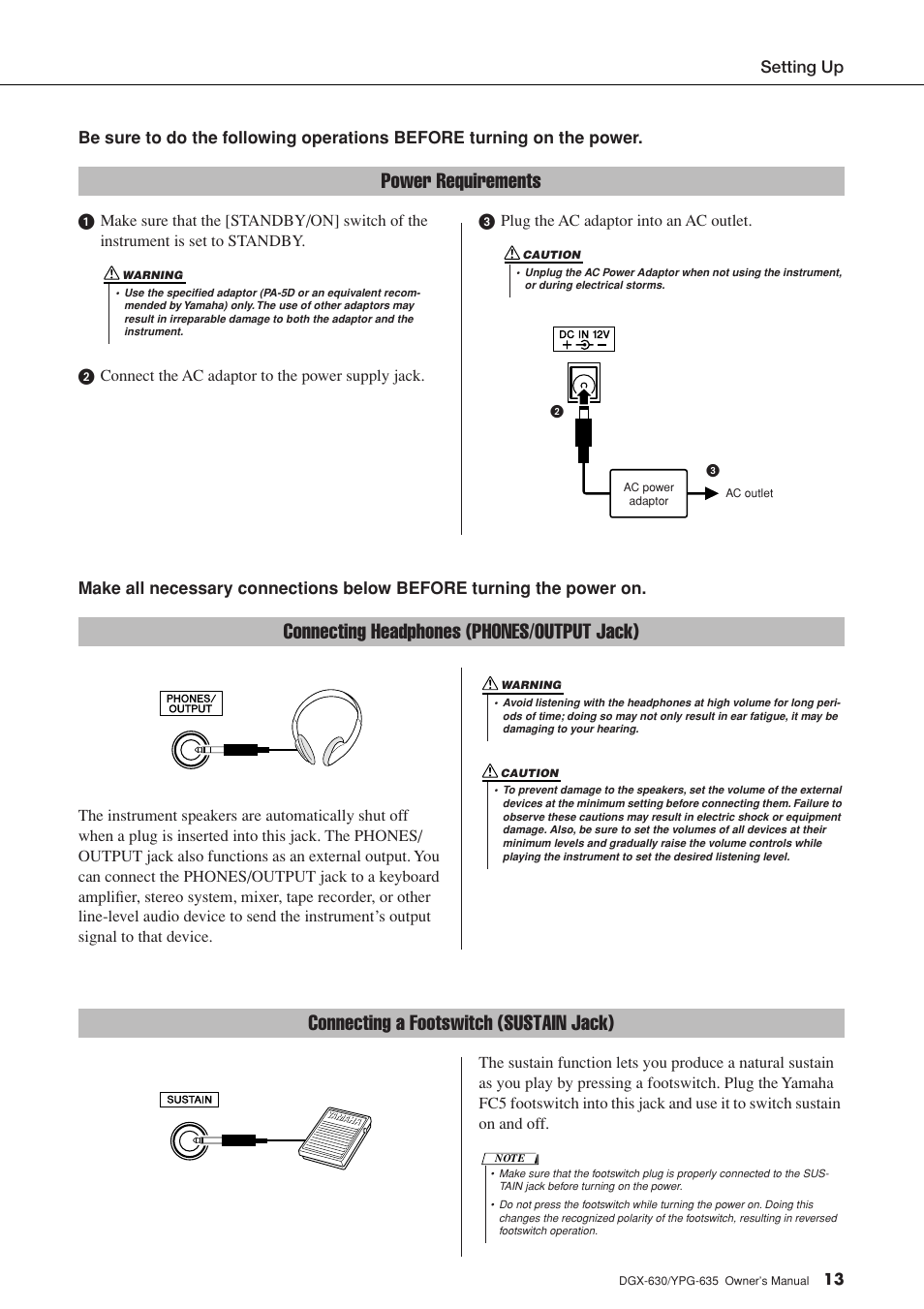 Power requirements, Connecting headphones (phones/output jack), Connecting a footswitch (sustain jack) | Yamaha YPG-635 User Manual | Page 13 / 154