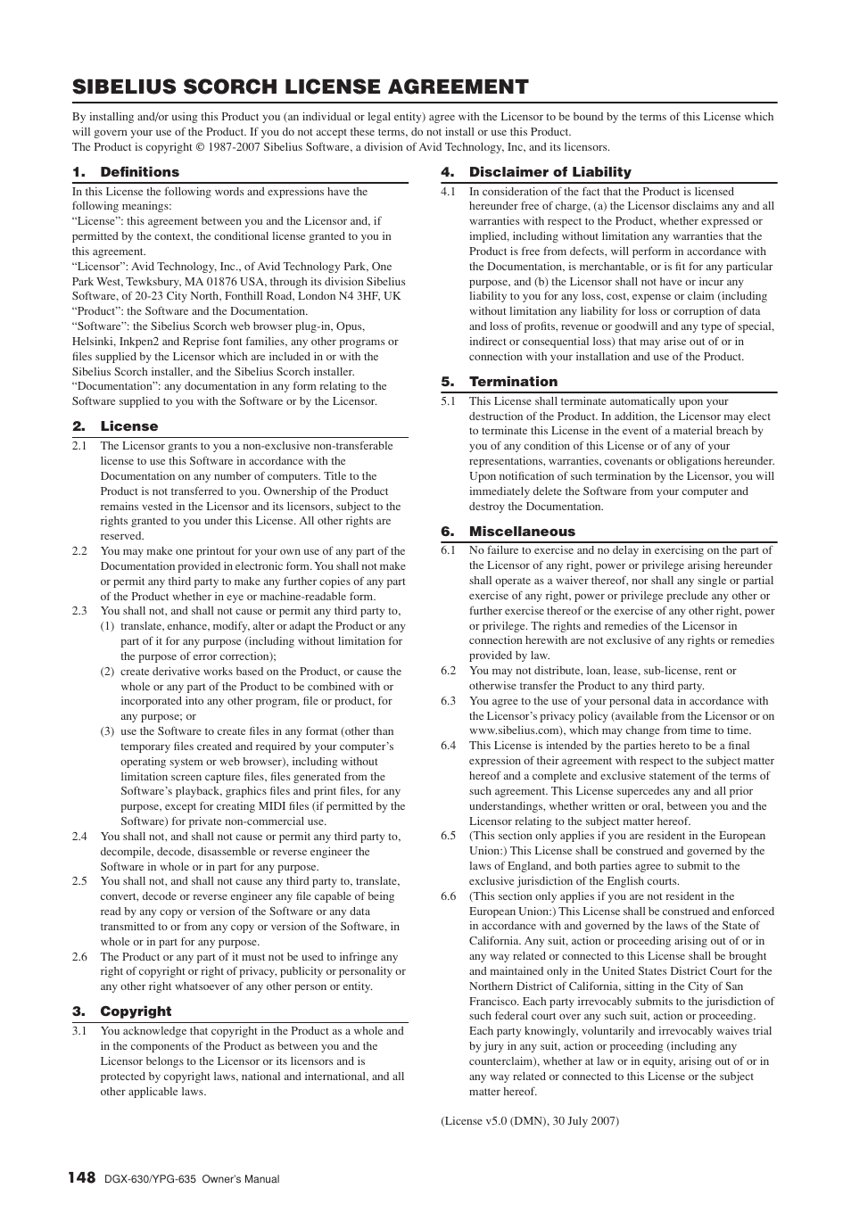 Sibelius scorch license agreement | Yamaha YPG-635 User Manual | Page 148 / 154