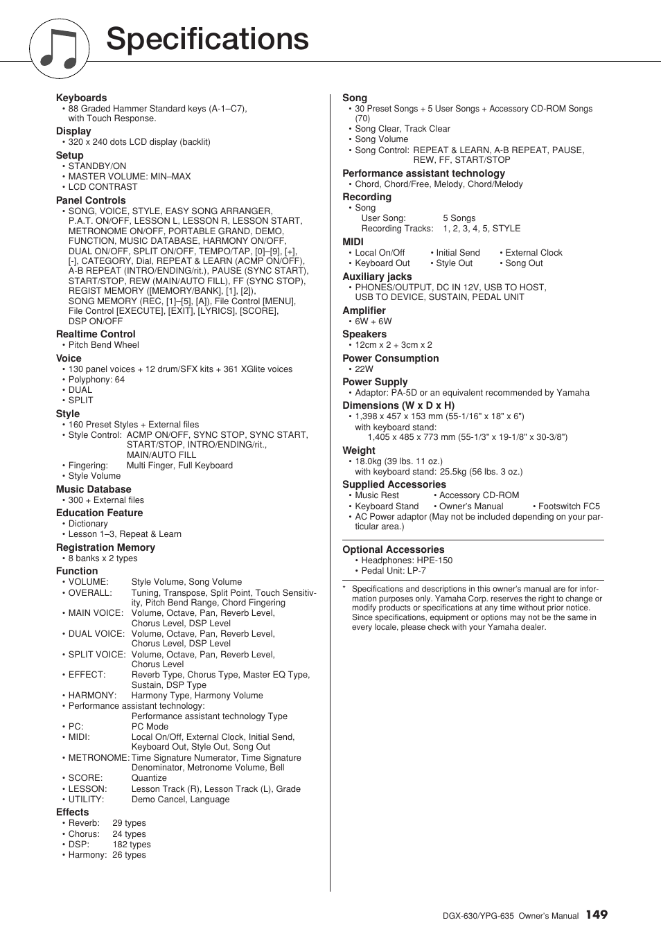 Specifications | Yamaha YPG-635 User Manual | Page 149 / 154