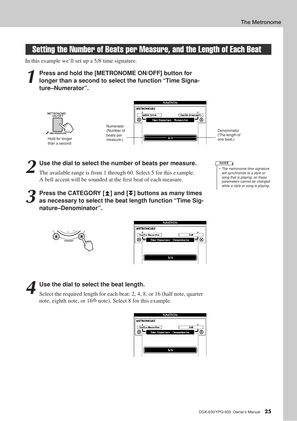 Setting the number of beats per measure, And the length of each beat | Yamaha YPG-635 User Manual | Page 25 / 154