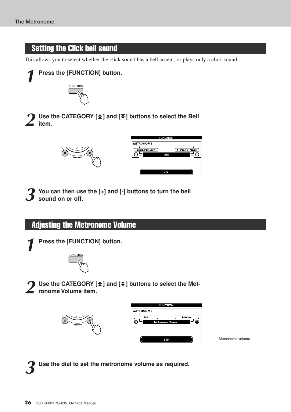 Setting the click bell sound, Adjusting the metronome volume | Yamaha YPG-635 User Manual | Page 26 / 154