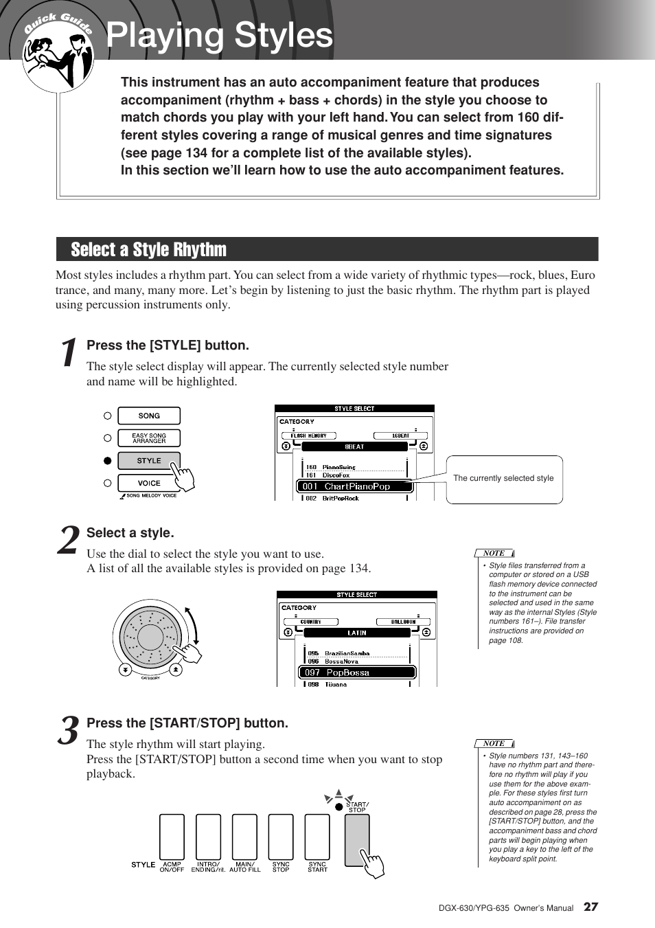 Playing styles, Select a style rhythm | Yamaha YPG-635 User Manual | Page 27 / 154