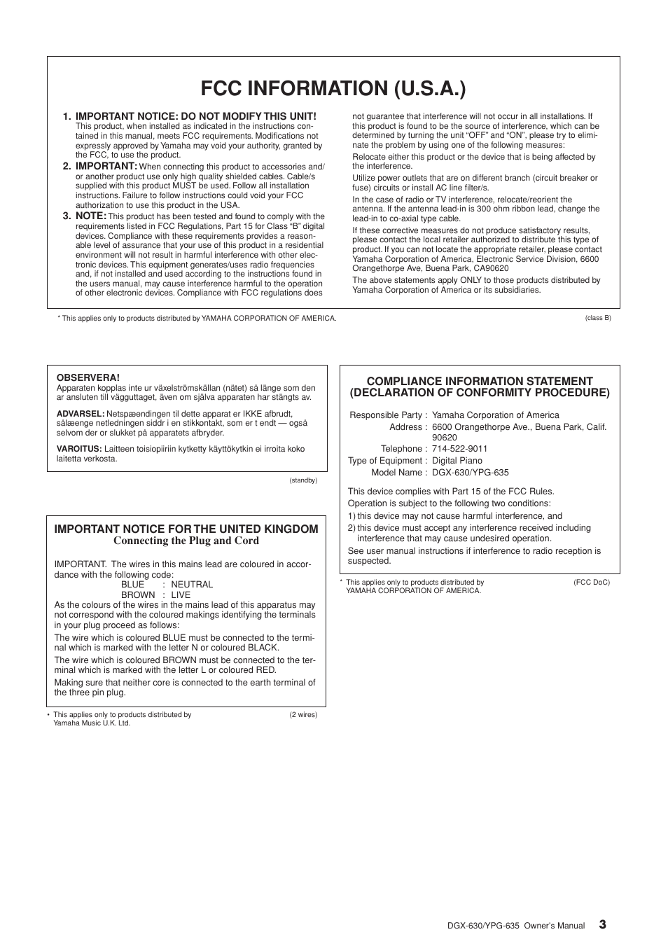 Fcc information (u.s.a.) | Yamaha YPG-635 User Manual | Page 3 / 154