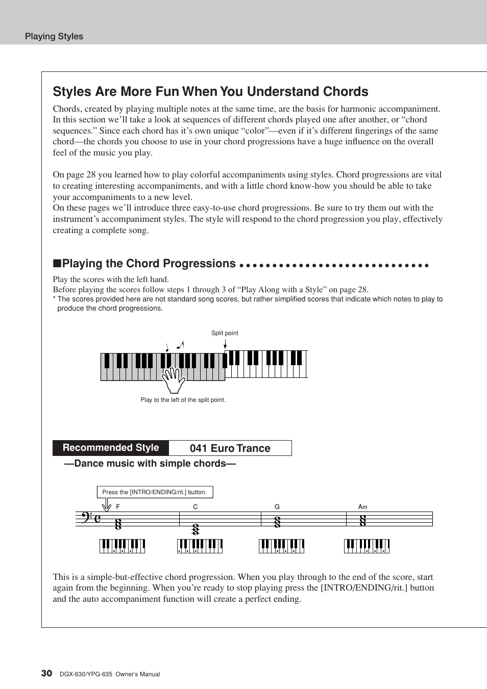 Styles are more fun when you understand chords, Playing the chord progressions, 041 euro trance | Dance music with simple chords, Recommended style | Yamaha YPG-635 User Manual | Page 30 / 154