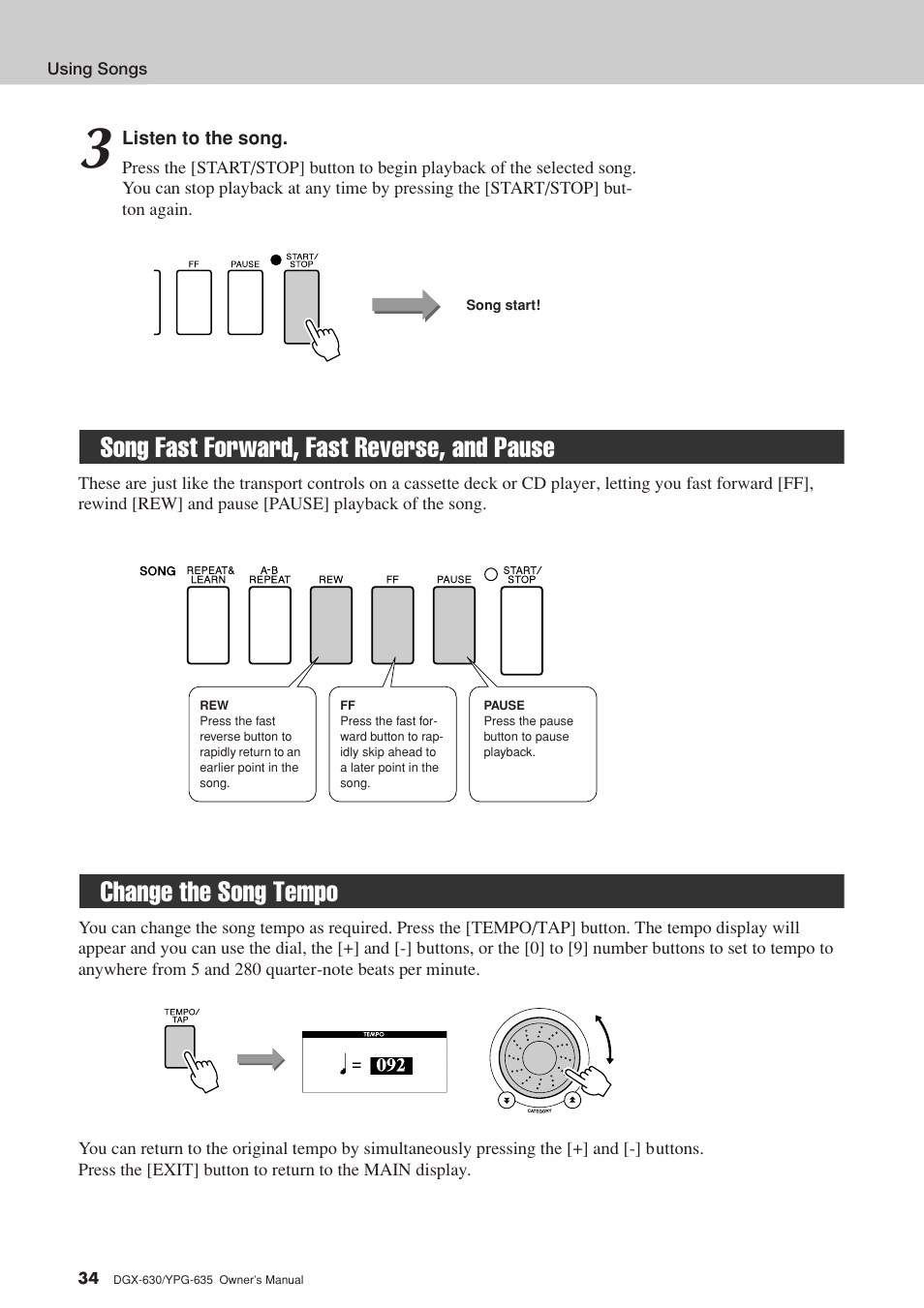 Song fast forward, fast reverse, and pause, Change the song tempo | Yamaha YPG-635 User Manual | Page 34 / 154