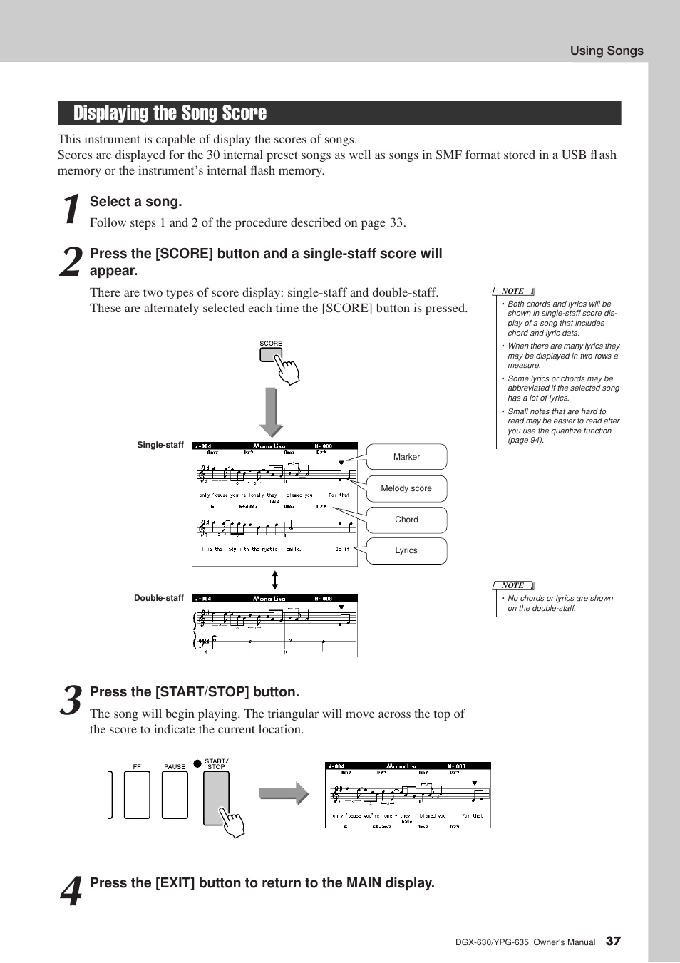 Displaying the song score | Yamaha YPG-635 User Manual | Page 37 / 154