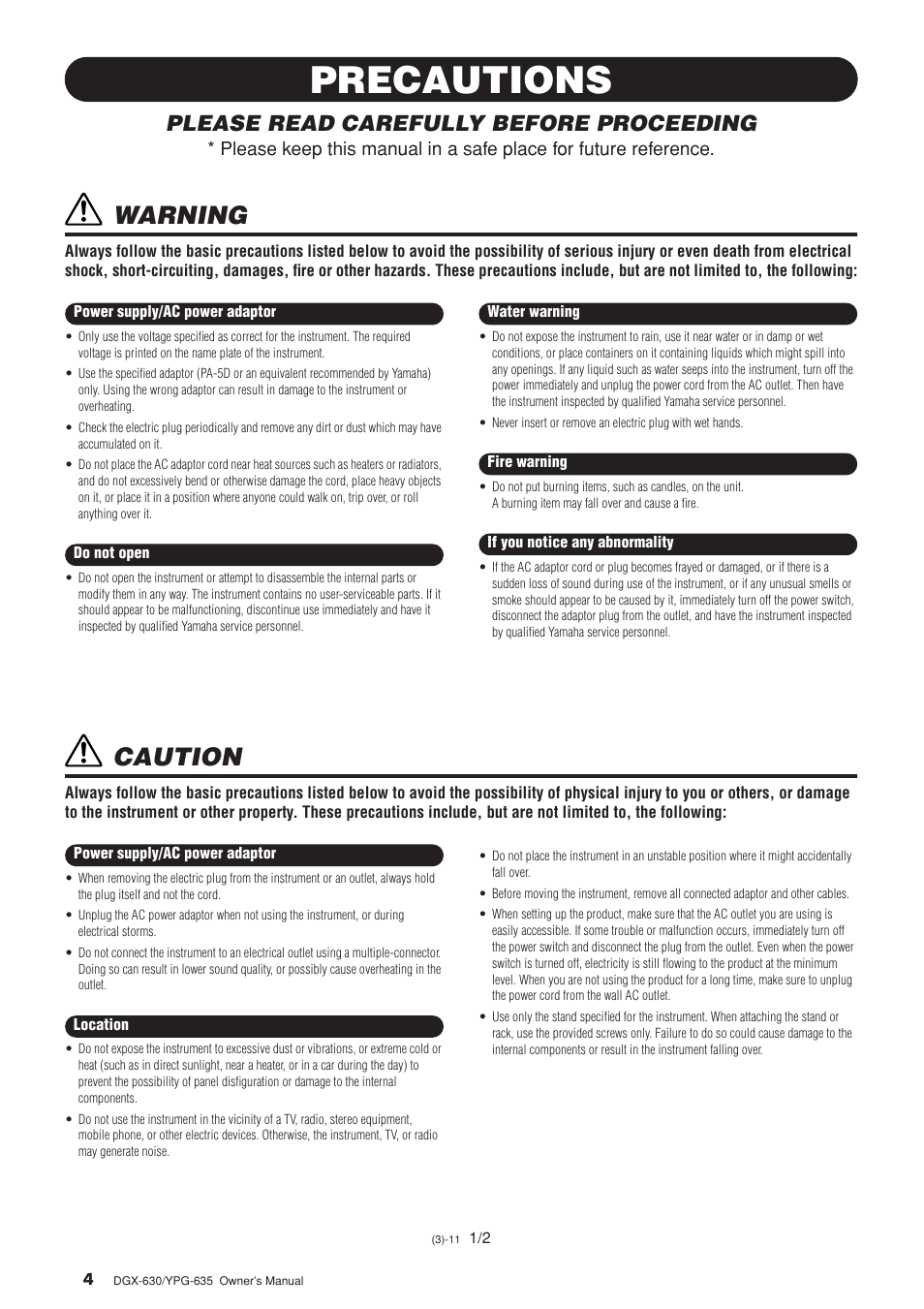 Precautions, Warning, Caution | Please read carefully before proceeding | Yamaha YPG-635 User Manual | Page 4 / 154