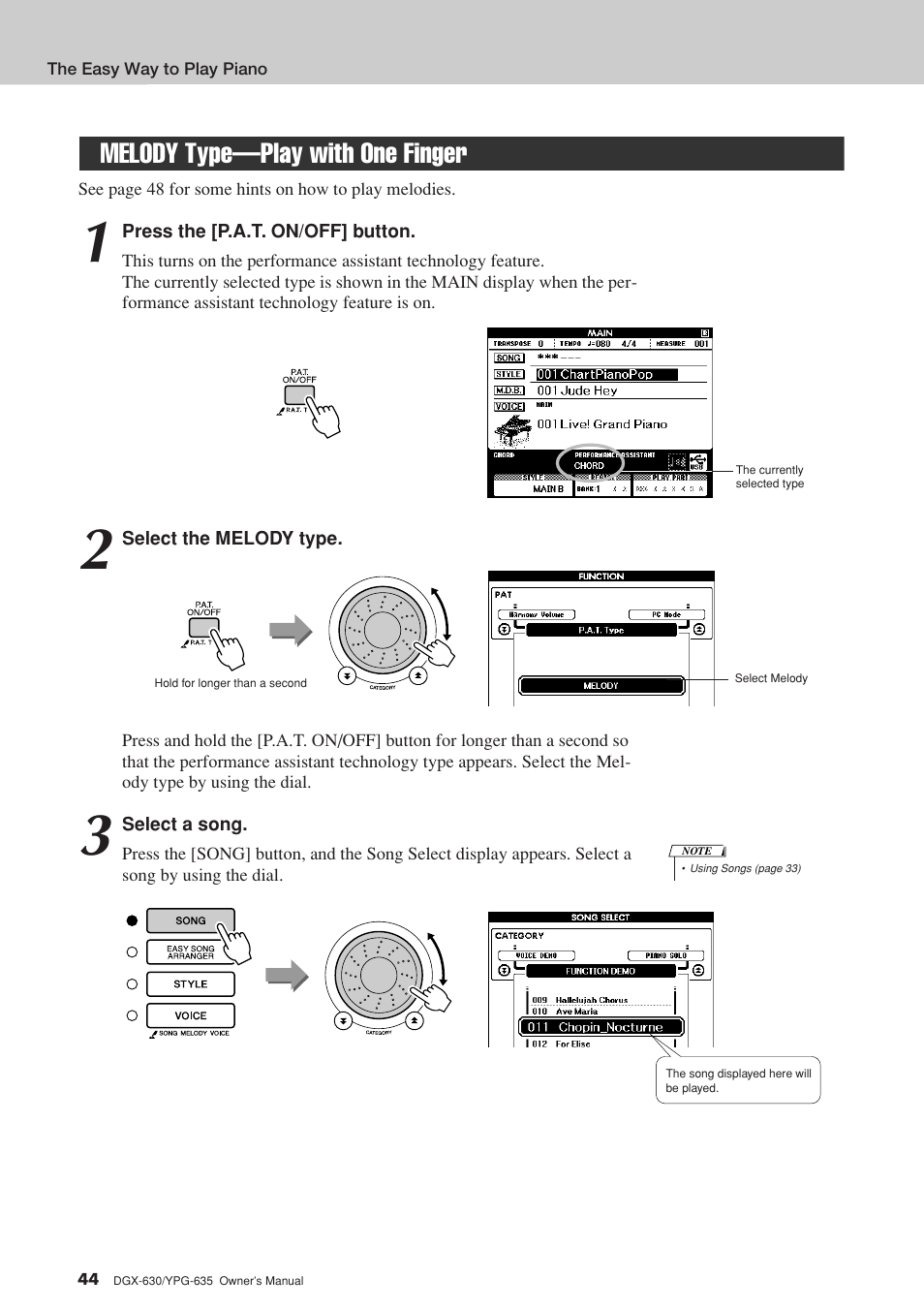 Melody type-play with one finger, Melody type—play with one finger | Yamaha YPG-635 User Manual | Page 44 / 154