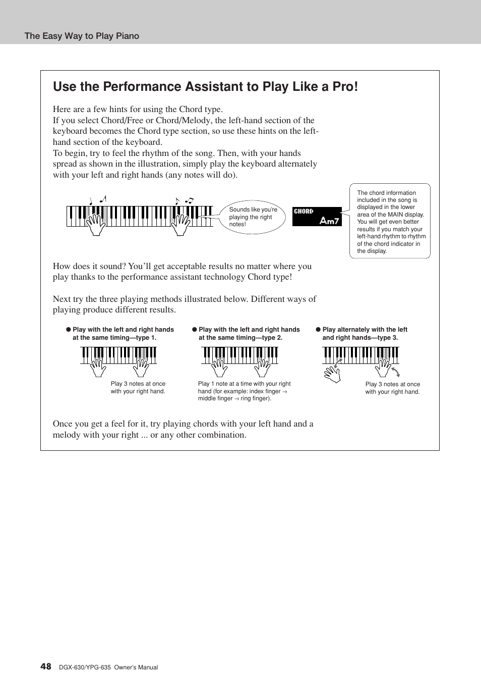 Use the performance assistant to play like a pro | Yamaha YPG-635 User Manual | Page 48 / 154