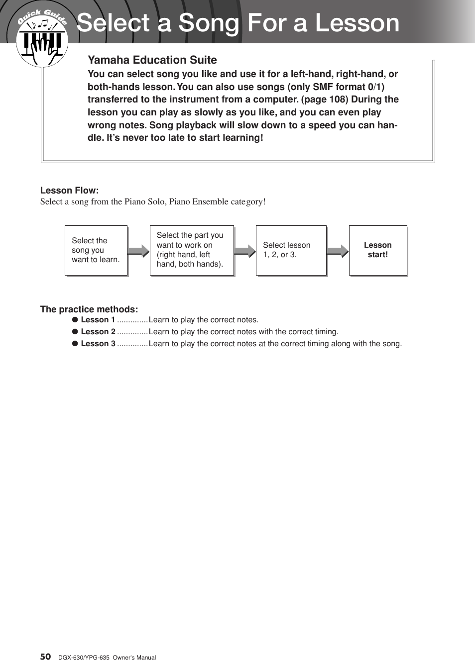 Select a song for a lesson, Yamaha education suite | Yamaha YPG-635 User Manual | Page 50 / 154