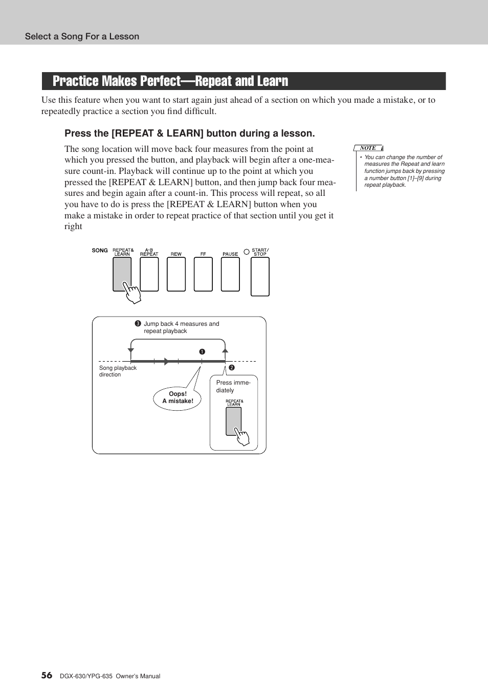 Practice makes perfect-repeat and learn, Practice makes perfect—repeat and learn, Press the [repeat & learn] button during a lesson | Yamaha YPG-635 User Manual | Page 56 / 154