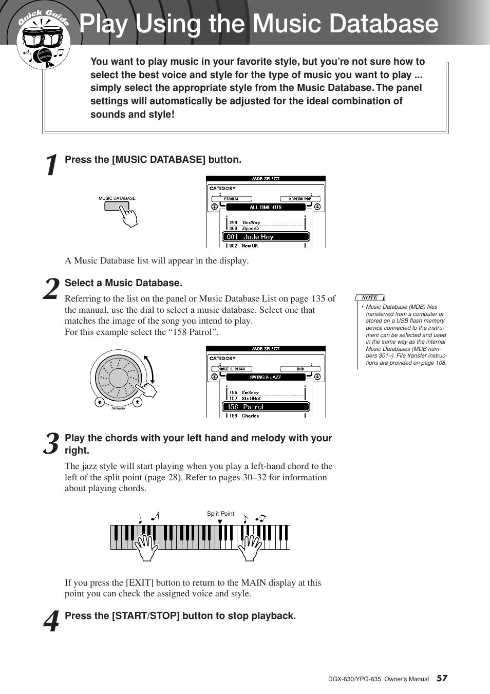 Play using the music database | Yamaha YPG-635 User Manual | Page 57 / 154