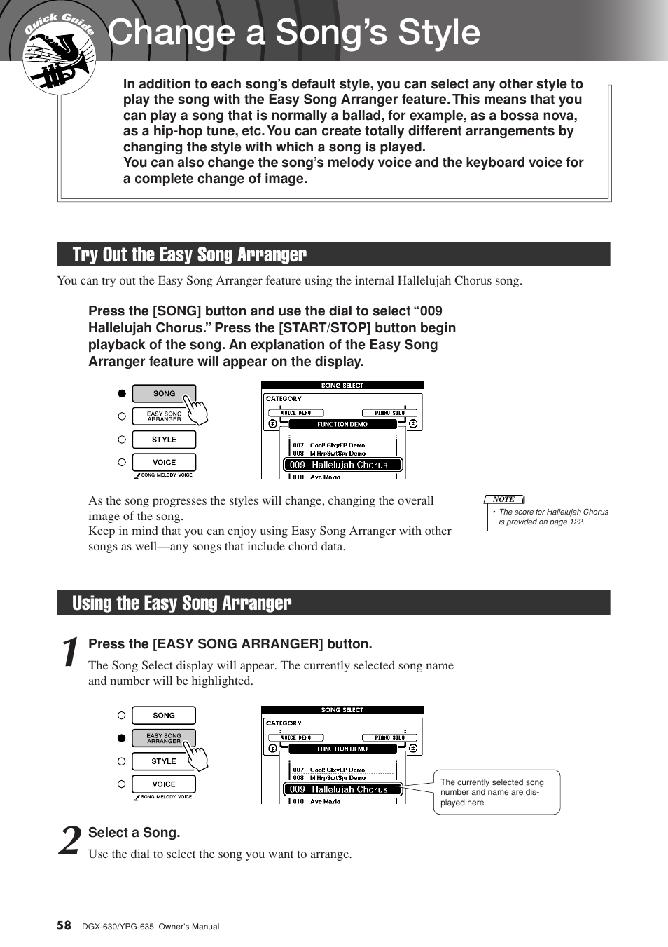 Change a song's style, Try out the easy song arranger, Using the easy song arranger | Change a song’s style | Yamaha YPG-635 User Manual | Page 58 / 154