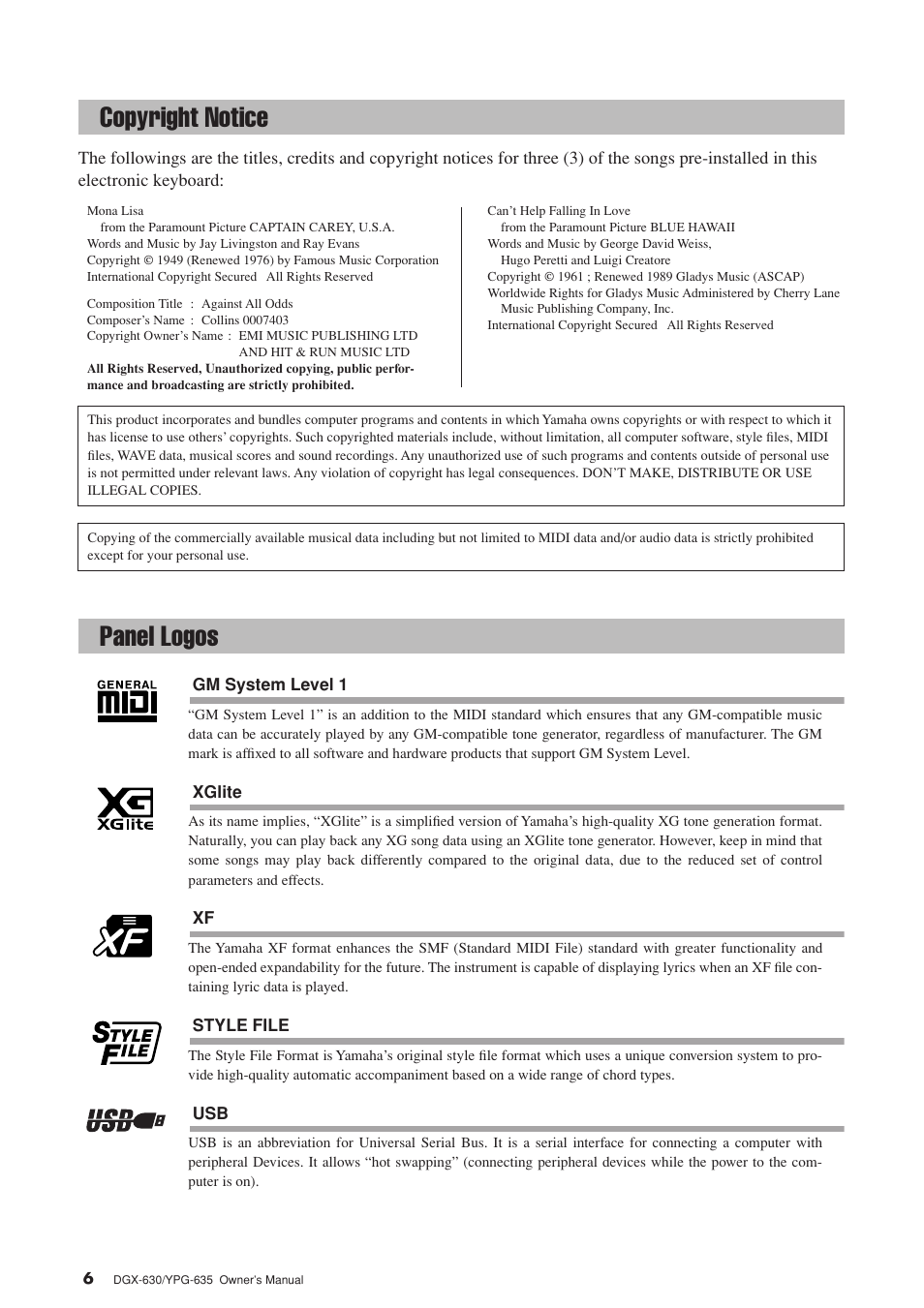 Copyright notice, Panel logos | Yamaha YPG-635 User Manual | Page 6 / 154