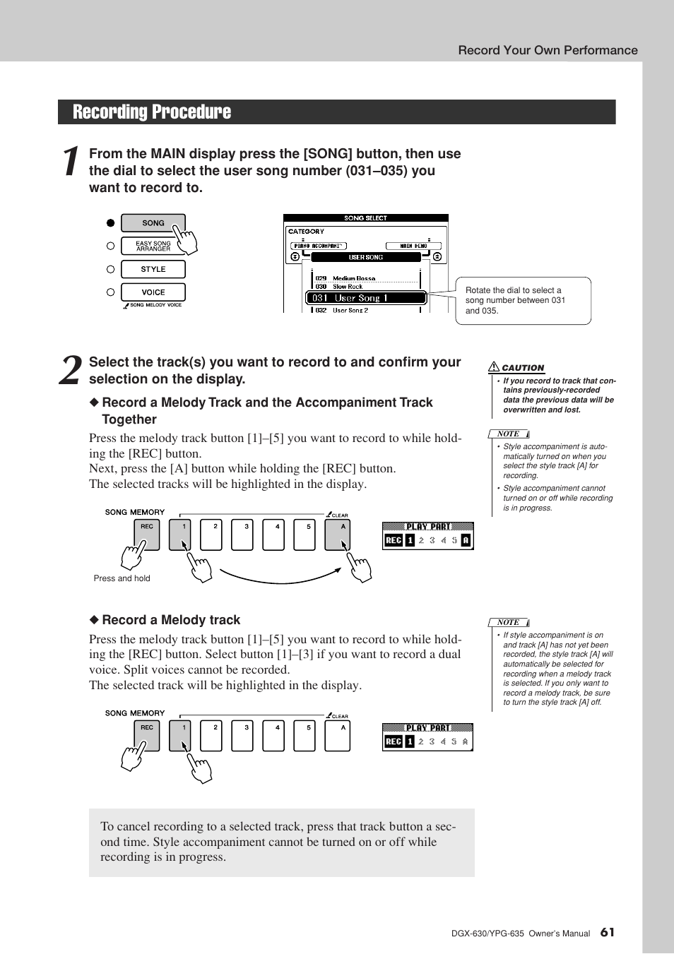 Recording procedure | Yamaha YPG-635 User Manual | Page 61 / 154