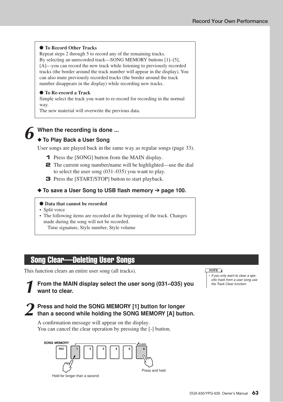 Song clear-deleting user songs, Song clear—deleting user songs | Yamaha YPG-635 User Manual | Page 63 / 154