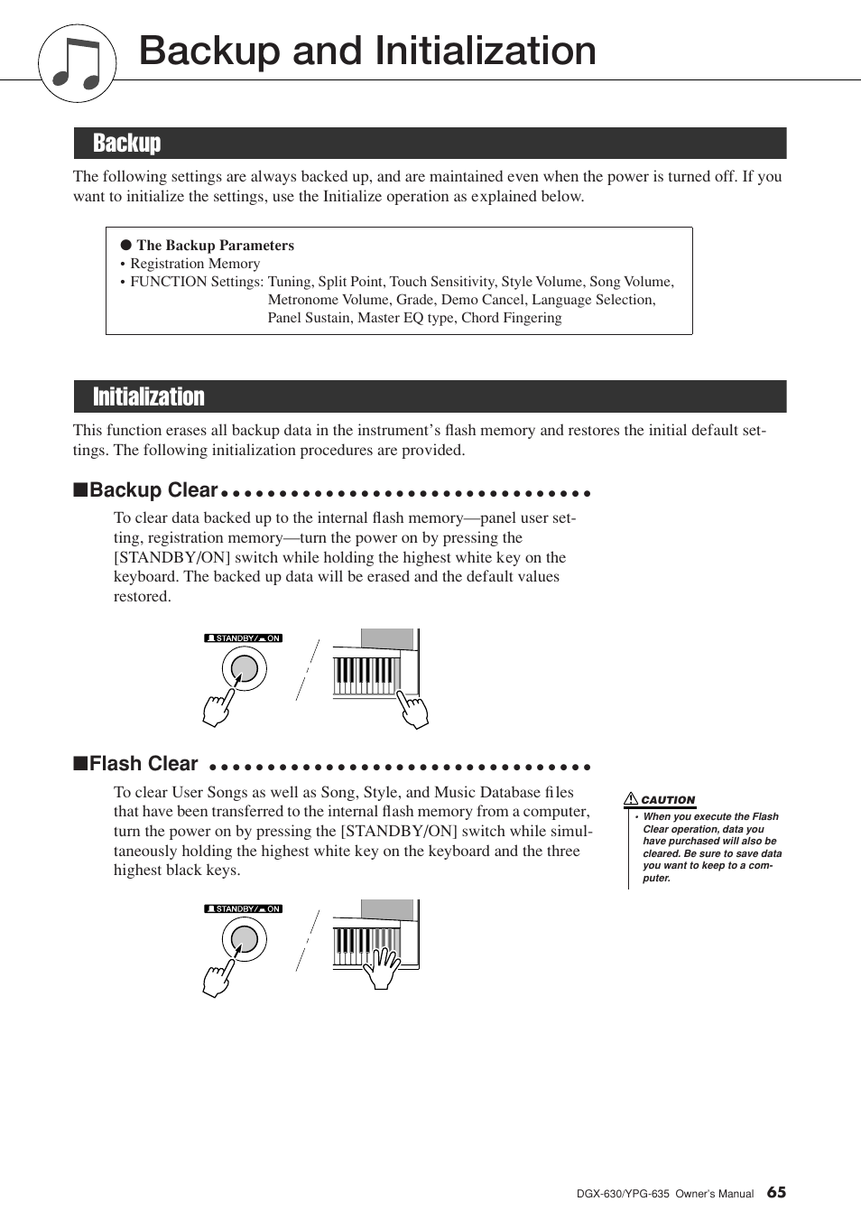 Backup and initialization, Backup, Initialization | Backup initialization, Backup clear, Flash clear | Yamaha YPG-635 User Manual | Page 65 / 154