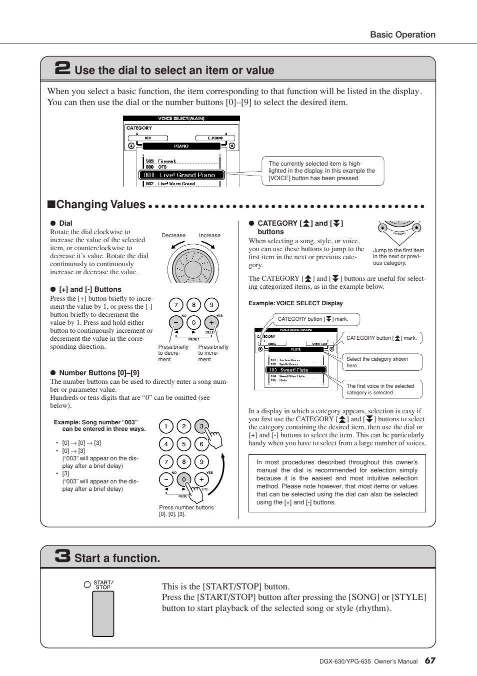 Use the dial to select an item or value, Changing values, Start a function | Yamaha YPG-635 User Manual | Page 67 / 154