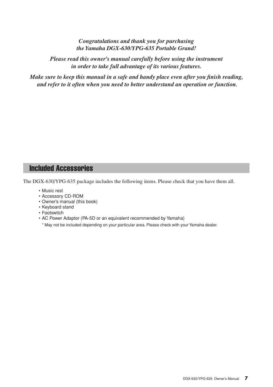 Congratulations, Included accessories | Yamaha YPG-635 User Manual | Page 7 / 154