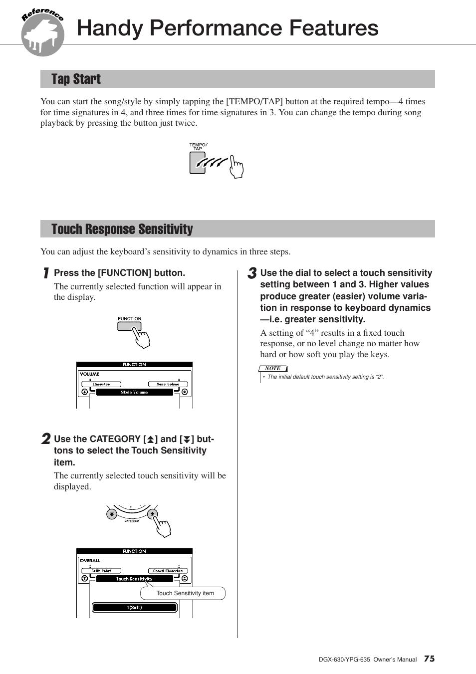 Handy performance features, Tap start, Touch response sensitivity | Tap start touch response sensitivity | Yamaha YPG-635 User Manual | Page 75 / 154