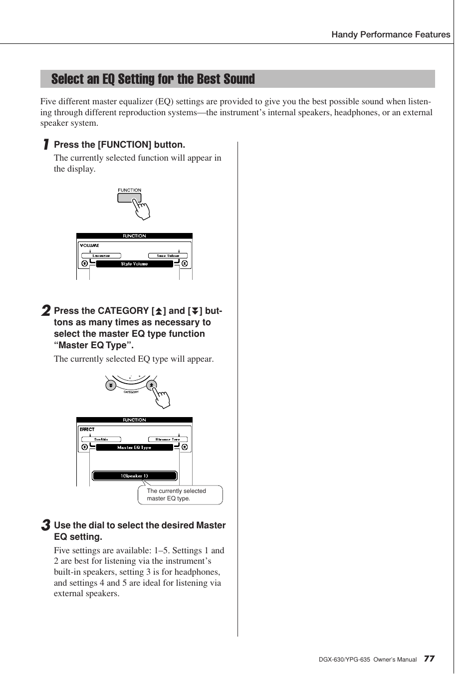 Select an eq setting for the best sound | Yamaha YPG-635 User Manual | Page 77 / 154