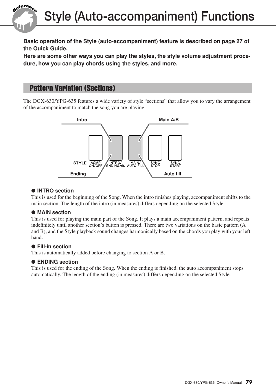 Style (auto-accompaniment) functions, Pattern variation (sections) | Yamaha YPG-635 User Manual | Page 79 / 154