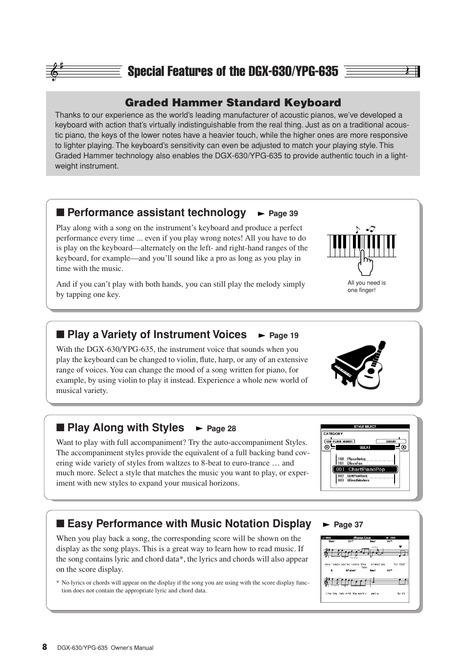 Special features of the dgx-630/ypg-635, Graded hammer standard keyboard, Performance assistant technology | Play a variety of instrument voices, Play along with styles, Easy performance with music notation display | Yamaha YPG-635 User Manual | Page 8 / 154