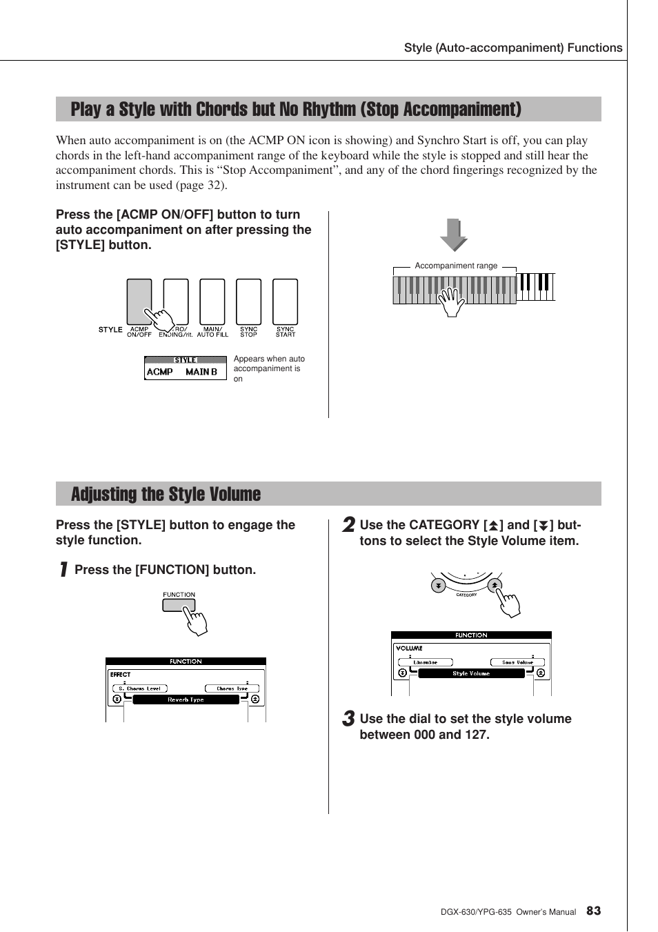 Adjusting the style volume, Play a style with chords but no rhythm, Stop accompaniment) | Yamaha YPG-635 User Manual | Page 83 / 154