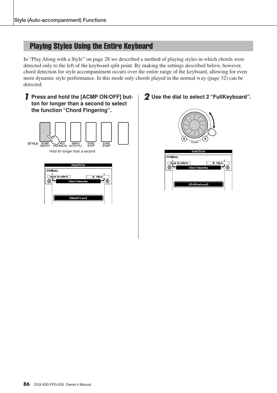 Playing styles using the entire keyboard | Yamaha YPG-635 User Manual | Page 86 / 154