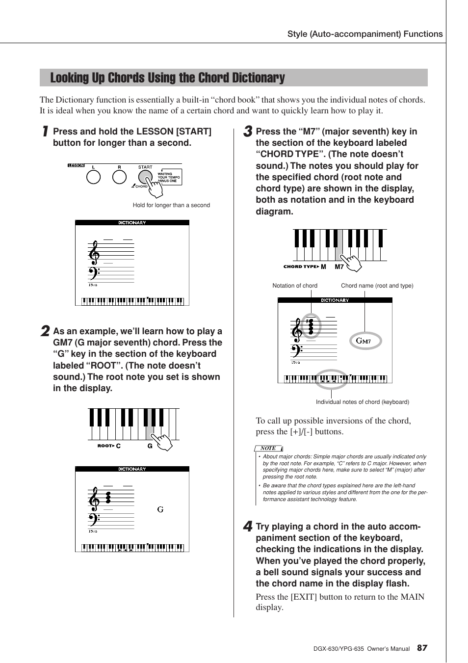 Looking up chords using the chord dictionary | Yamaha YPG-635 User Manual | Page 87 / 154