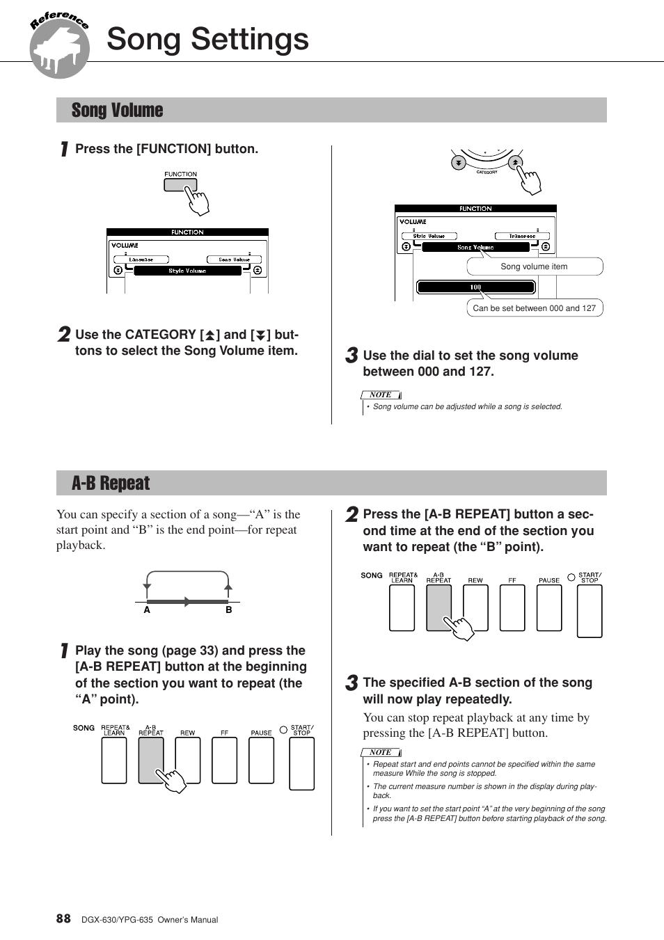 Song settings, Song volume, A-b repeat | Song volume a-b repeat | Yamaha YPG-635 User Manual | Page 88 / 154