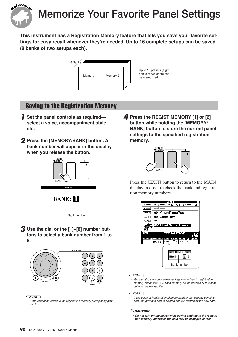 Memorize your favorite panel settings, Saving to the registration memory | Yamaha YPG-635 User Manual | Page 90 / 154