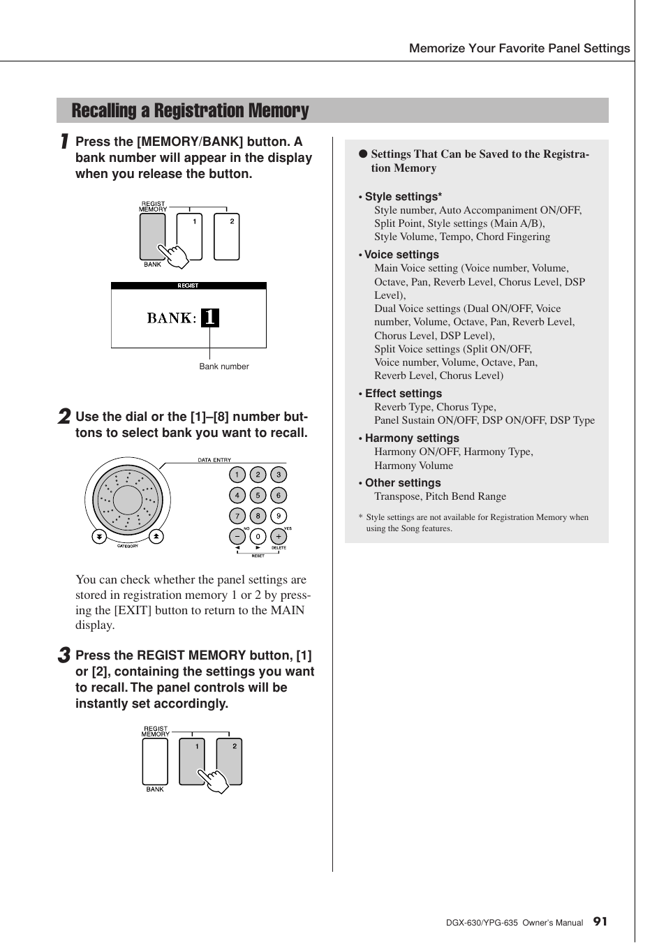 Recalling a registration memory | Yamaha YPG-635 User Manual | Page 91 / 154