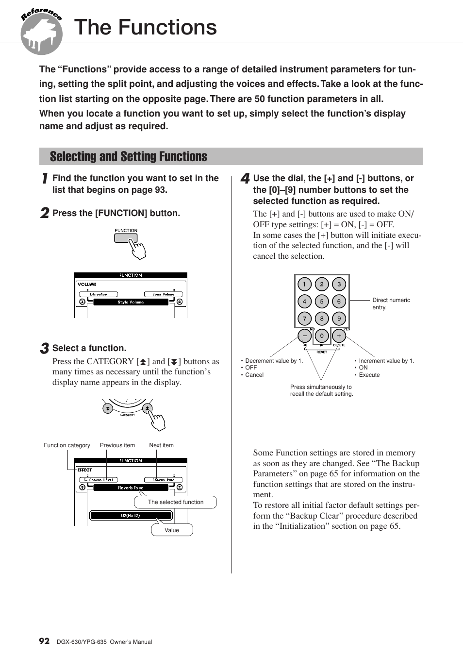 The functions, Selecting and setting functions | Yamaha YPG-635 User Manual | Page 92 / 154