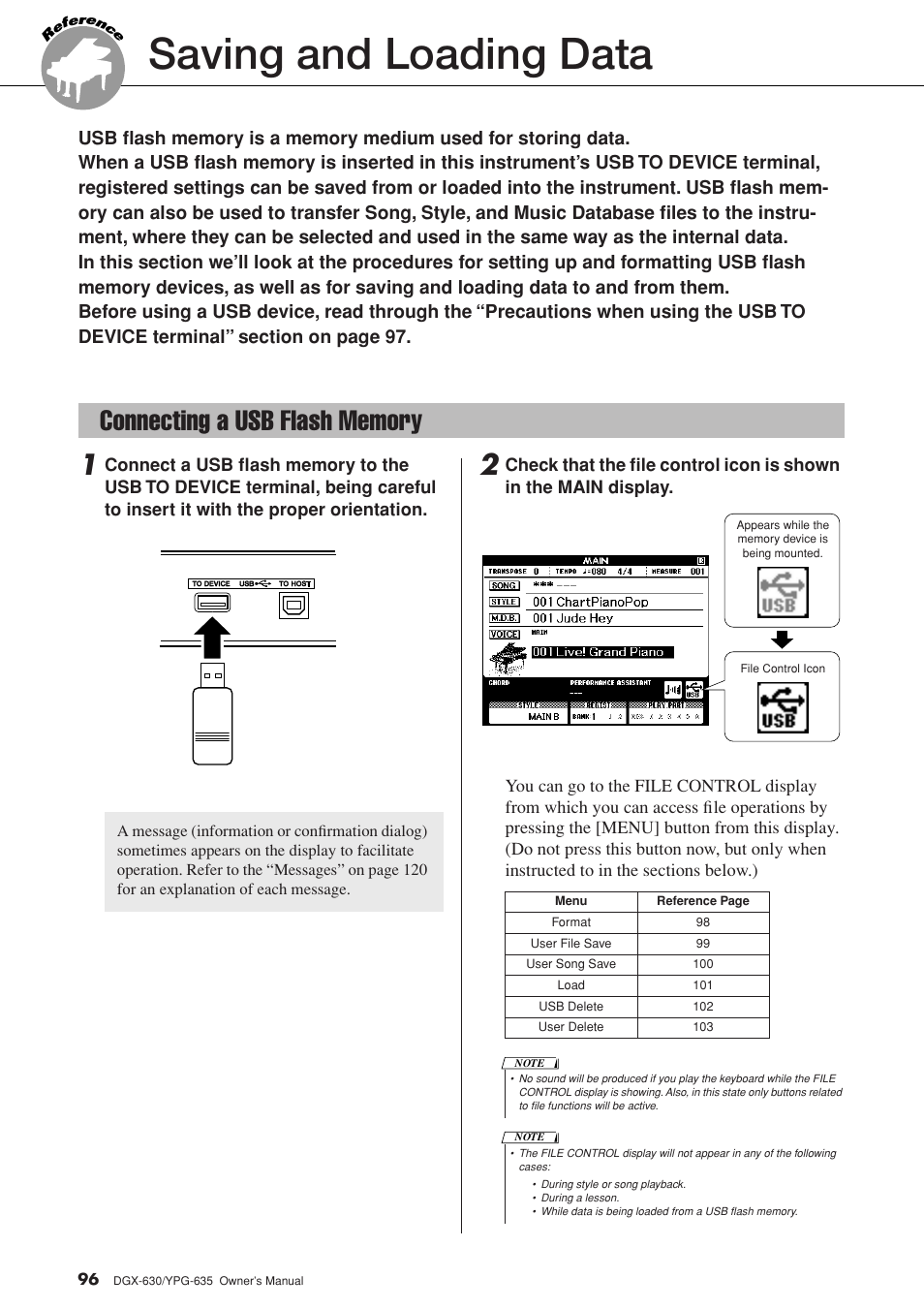 Saving and loading data, Connecting a usb flash memory | Yamaha YPG-635 User Manual | Page 96 / 154