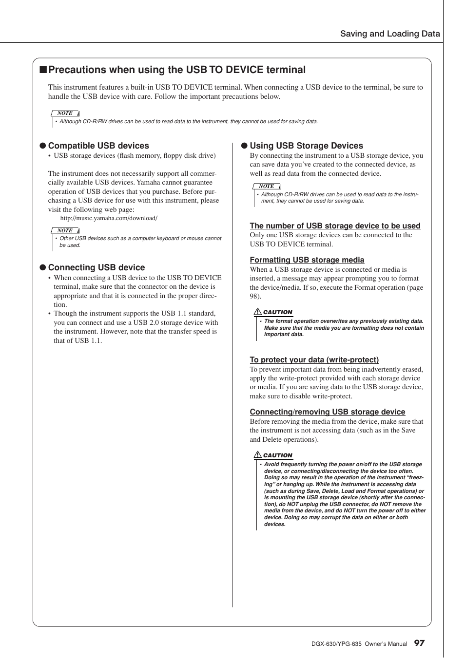 Precautions when using the usb to device terminal | Yamaha YPG-635 User Manual | Page 97 / 154