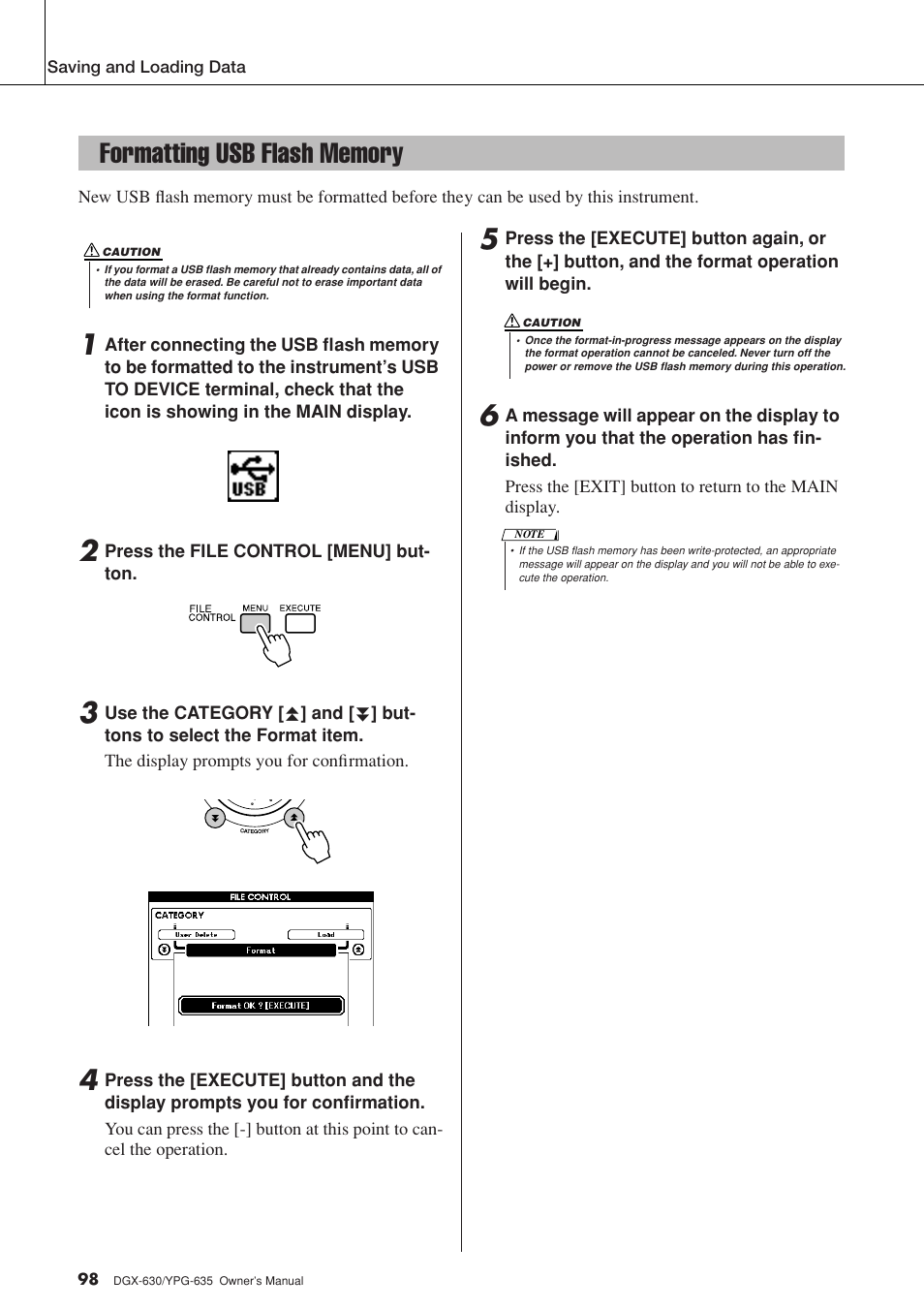 Formatting usb flash memory | Yamaha YPG-635 User Manual | Page 98 / 154