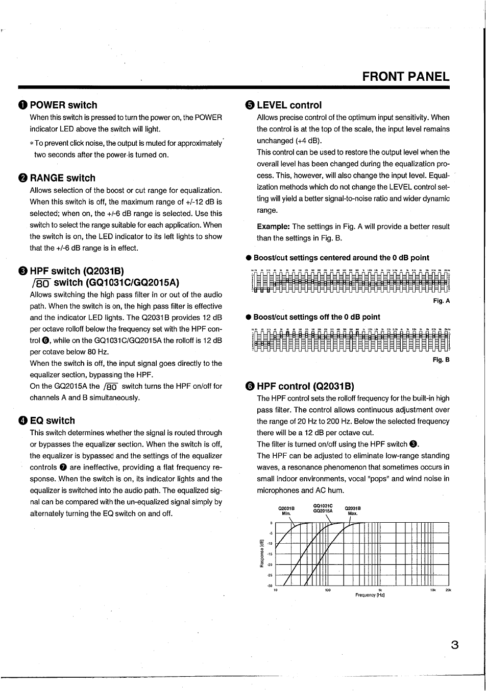 O power switch, O range switch, Ohpf switch (q2031b) | Switch (gq1031c/gq2015a), O eq switch, 0 level control, 0hpf control (q2031b), Front panel o | Yamaha GQ2015A User Manual | Page 5 / 45