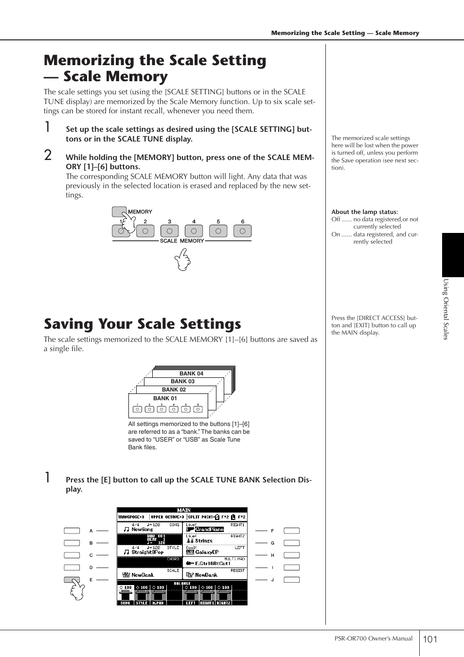 Memorizing the scale setting - scale memory, Saving your scale settings, Memorizing the scale setting — scale memory | Yamaha PORTATONE PSR-OR700 User Manual | Page 101 / 196