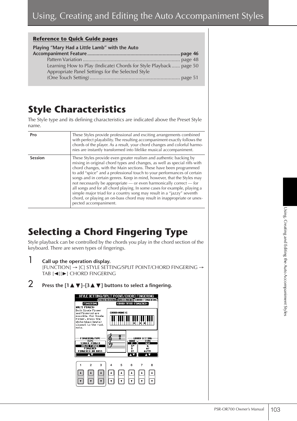 Style characteristics, Selecting a chord fingering type | Yamaha PORTATONE PSR-OR700 User Manual | Page 103 / 196